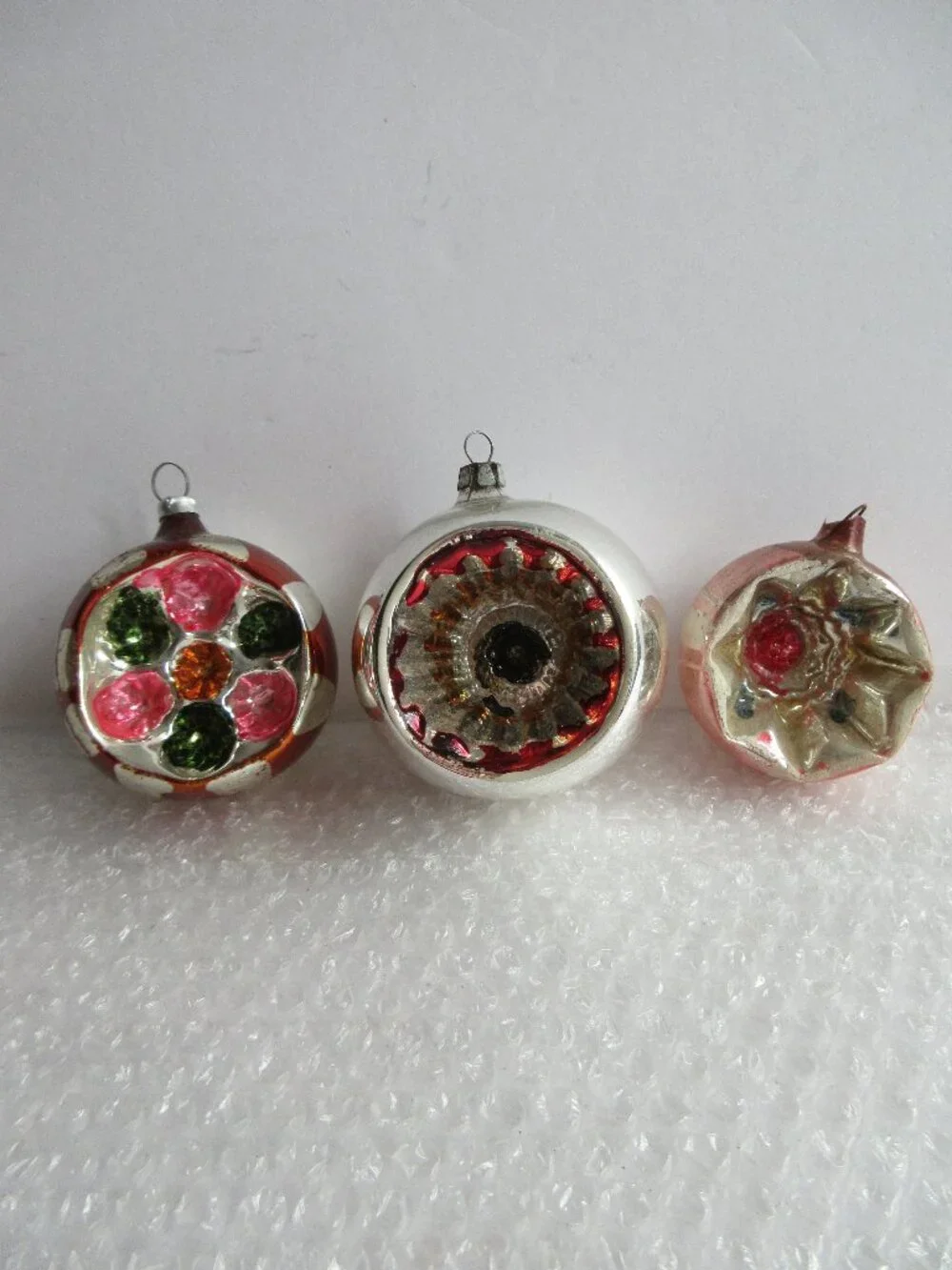 German Indent Glass Reflector Christmas Ornament Lot of 2 Pink Green Silver Vtg